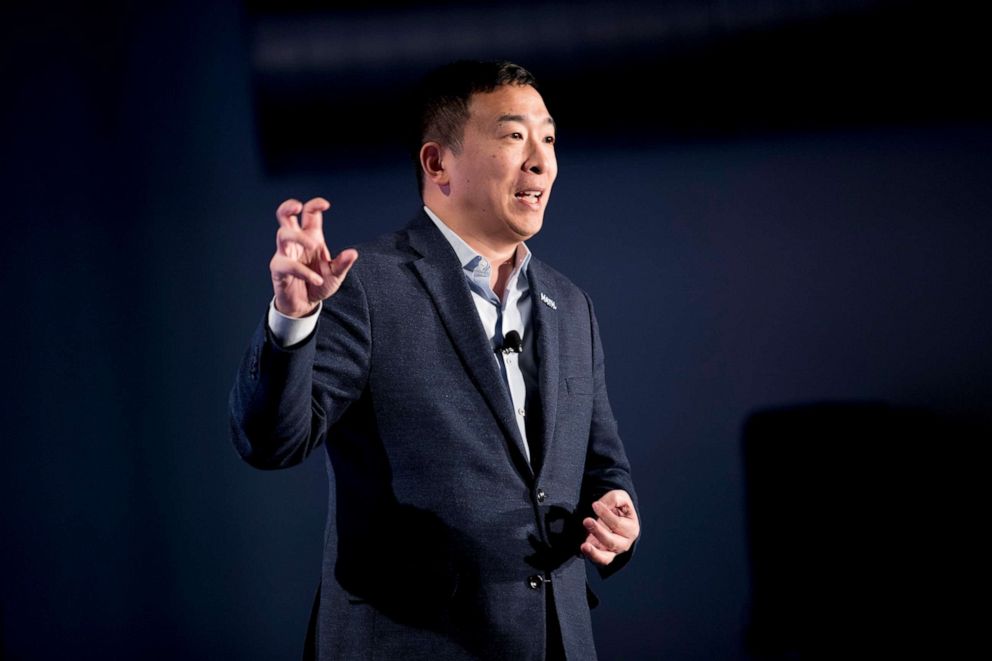 PHOTO: Democratic presidential candidate Andrew Yang speaks at "We The People 2020: Protecting Our Democracy After Citizens United," at Curate, Jan. 19, 2020, in Des Moines, Iowa.