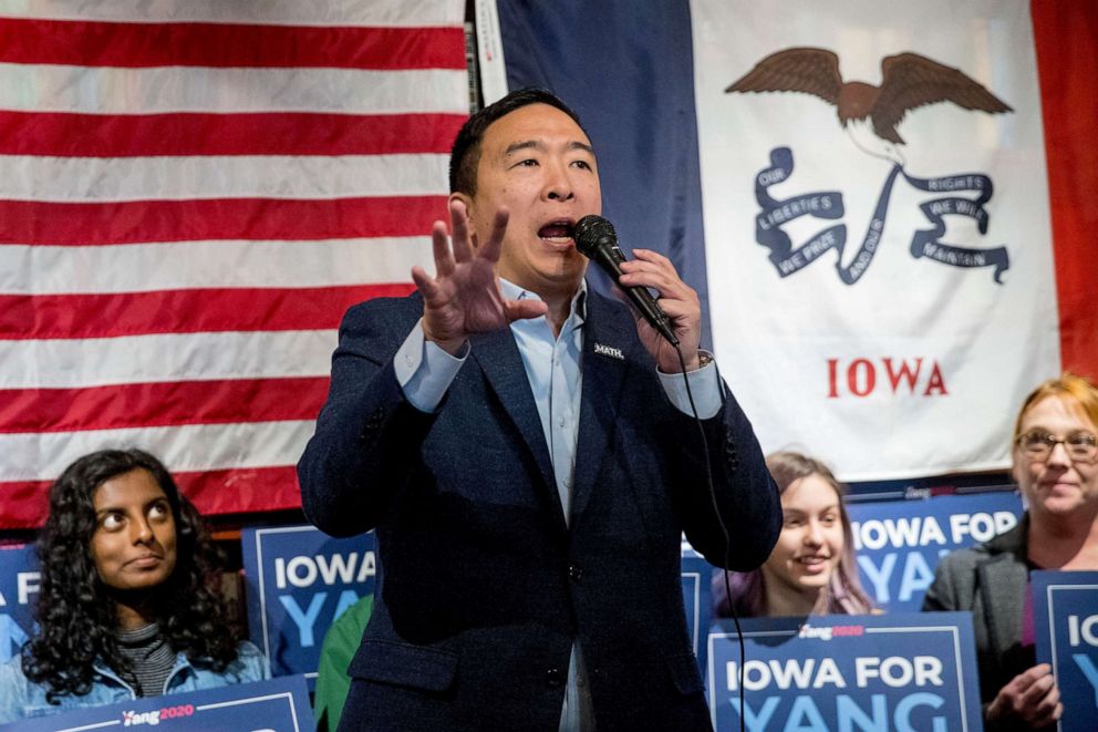 PHOTO: Democratic presidential candidate Andrew Yang speaks at a campaign rally on Jan. 6, 2020, in Davenport, Iowa.