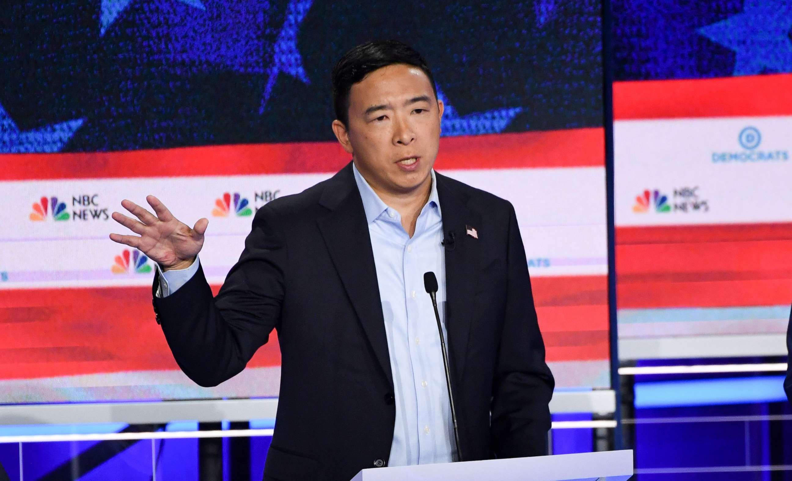 PHOTO: Andrew Yang participates in the second night of the first 2020 democratic presidential debate at the Adrienne Arsht Center for the Performing Arts in Miami, June 27, 2019.