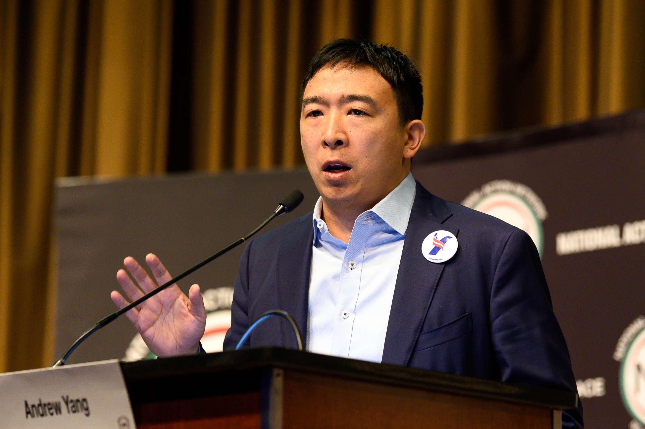 PHOTO: Andrew Yang speaks at the National Action Network (NAN) convention in New York City, April 4, 2019.