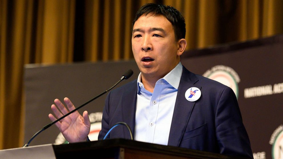 PHOTO: Andrew Yang speaks at the National Action Network (NAN) convention in New York City, April 4, 2019.