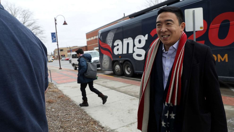 PHOTO: Democratic presidential candidate Andrew Yang arrives before he plays basketball with former congressional candidate J.D. Scholten in Ames, Iowa, on Dec. 12, 2019.