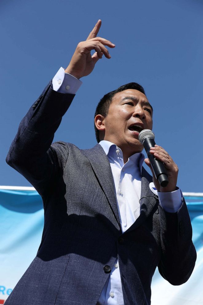 PHOTO: Democratic presidential candidate Andrew Yang delivers a 20-minute campaign speech at the Des Moines Register Political Soapbox at the Iowa State Fair, August 09, 2019, in Des Moines, Iowa.