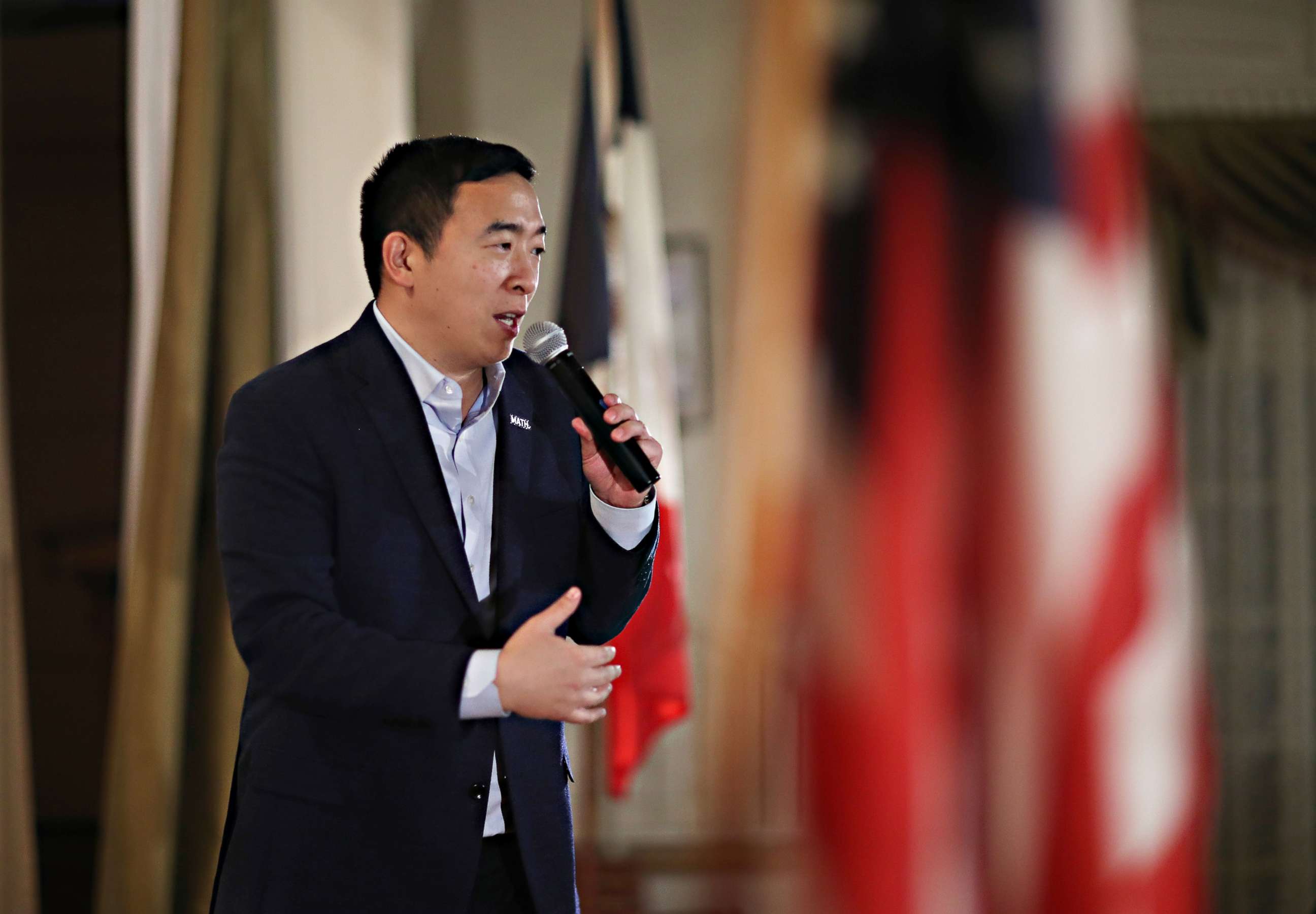 PHOTO: Democratic presidential candidate Andrew Yang speaks during a campaign event at the Cedar Falls Woman's Club on Jan. 30, 2020, in Cedar Falls, Iowa. Iowa's first-in-the-nation caucuses will be held on February 3.