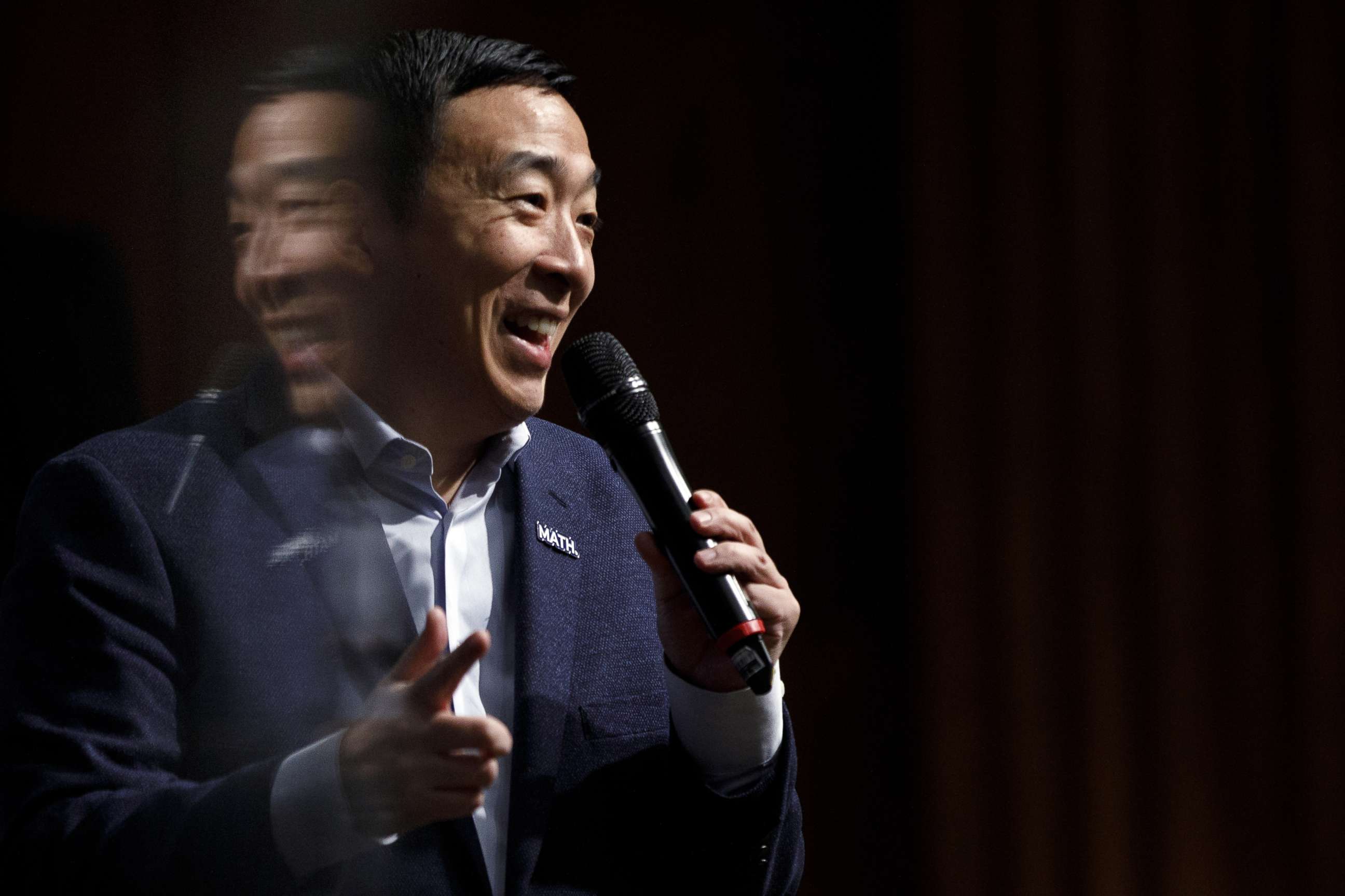 PHOTO: Democratic presidential candidate Andrew Yang delivers remarks during a campaign event at the University of Iowa on Jan. 29, 2020, in Iowa City, Iowa.
