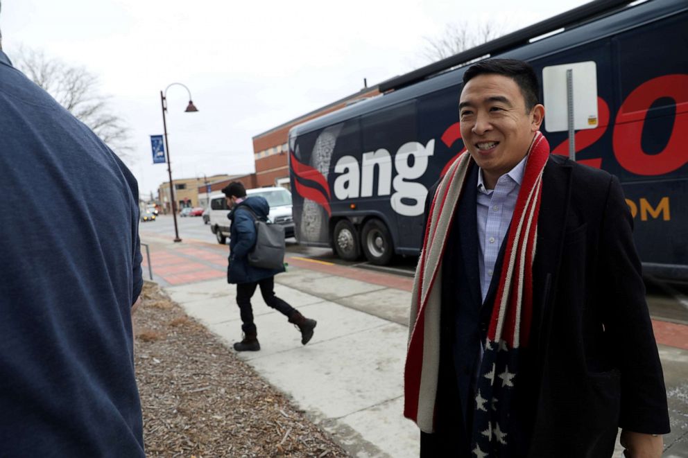 PHOTO: Democratic presidential candidate Andrew Yang arrives to plays basketball with congressional candidate J.D. Scholten in Ames, Iowa, Dec. 12, 2019.