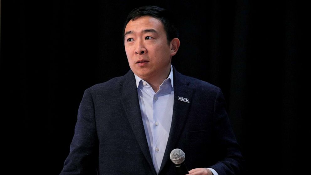PHOTO: Democratic presidential candidate and entrepreneur Andrew Yang speaks during a campaign event in Milford, New Hampshire, Feb. 5, 2020.