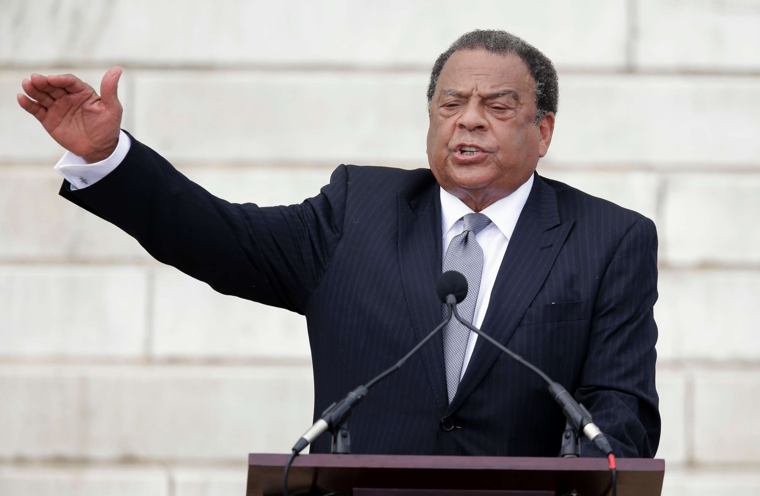 PHOTO: Former United Nations Ambassador Andrew Young speaks at the Let Freedom Ring ceremony at the Lincoln Memorial in Washington, D.C., to commemorate the 50th anniversary of the 1963 March on Washington for Jobs and Freedom, Aug. 28, 2013.