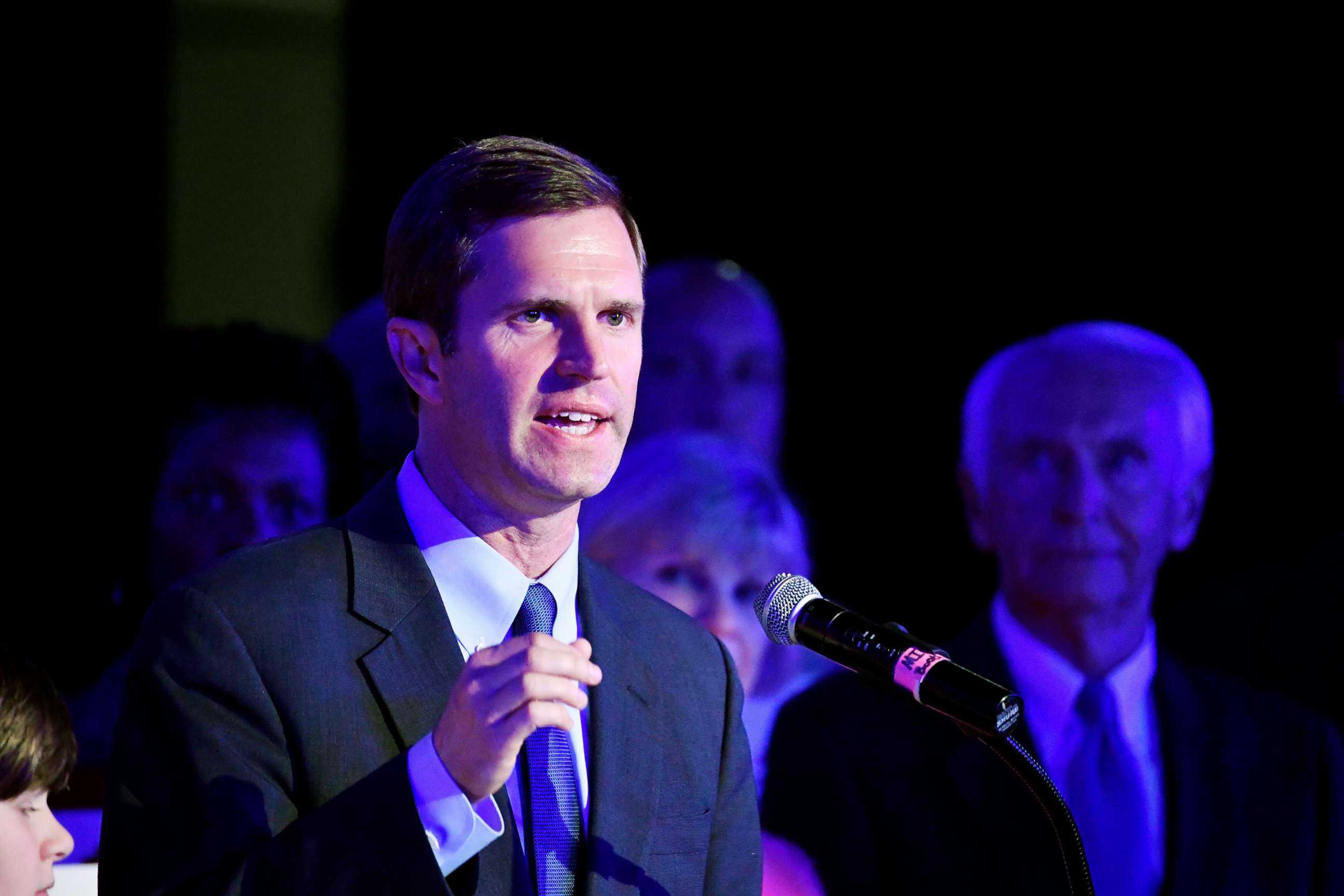 PHOTO: Kentucky Attorney General Andy Beshear, left, addresses his supporters following his victory in the democratic primary for Governor in Louisville, Ky., Tuesday, May 21, 2019.