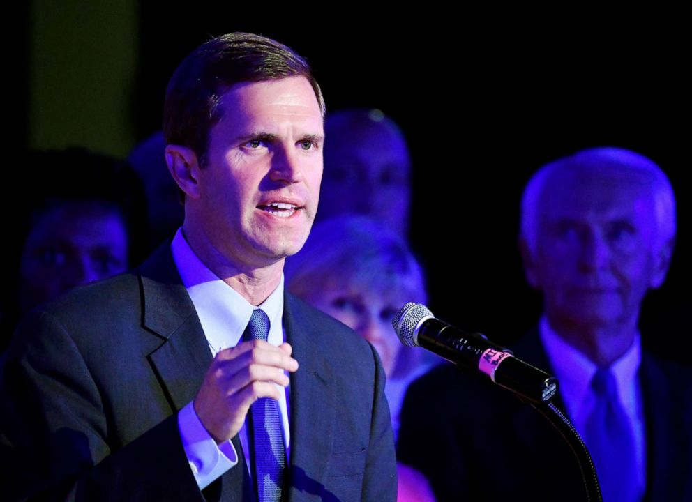 PHOTO: Kentucky Attorney General Andy Beshear, left, addresses his supporters following his victory in the democratic primary for Governor in Louisville, Ky., Tuesday, May 21, 2019.