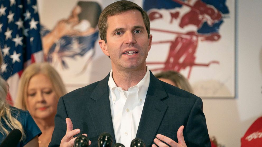 PHOTO: Kentucky democratic gubernatorial candidate and Attorney General Andy Beshear speaks to the media during a press conference at the Muhammad Ali Center, Nov. 6, 2019, in Louisville, Ky.