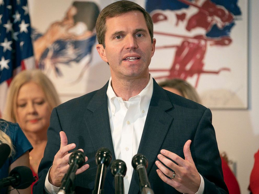PHOTO: Kentucky democratic gubernatorial candidate and Attorney General Andy Beshear speaks to the media during a press conference at the Muhammad Ali Center, Nov. 6, 2019, in Louisville, Ky.