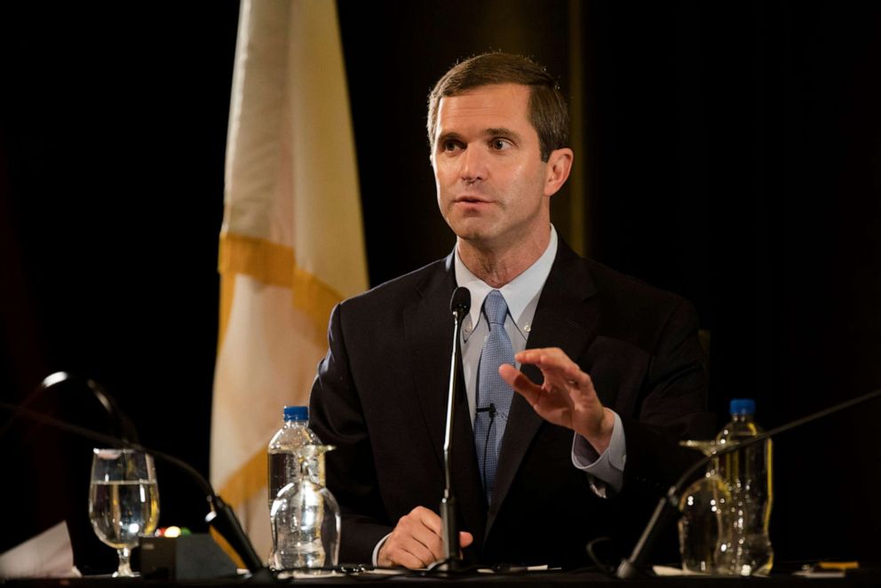 PHOTO: Democratic gubernatorial candidate Andy Beshear responds to a question during the final debate between Beshear and incumbent Republican Gov. Matt Bevin, Oct. 29, 2019, at Northern Kentucky University in Highland Heights, Ky.