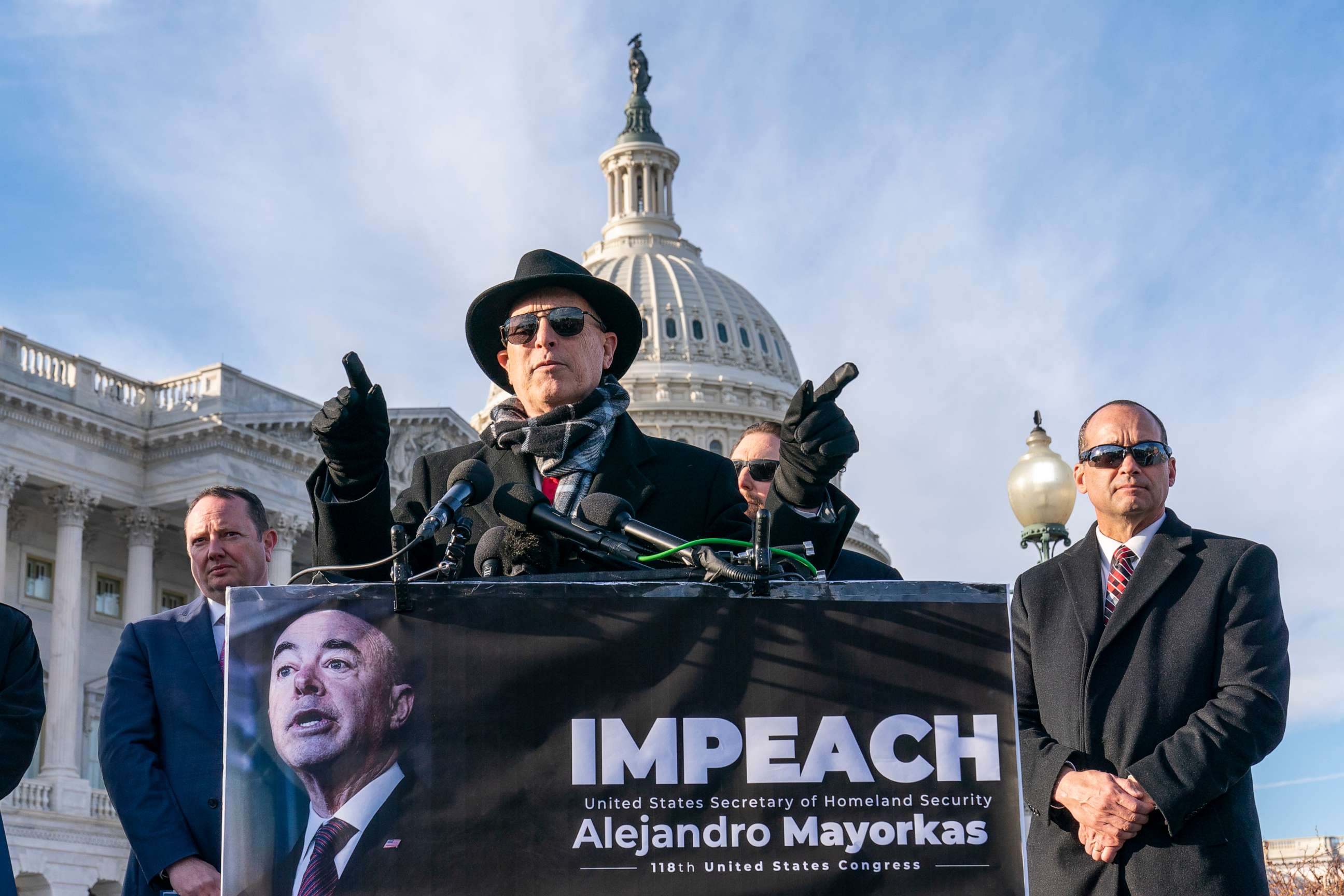 PHOTO: Rep. Andy Biggs speaks about impeaching Homeland Security Secretary Alejandro Mayorkas, accompanied by Rep. Eric Burlison, left, and Rep. Bob Good, during a news conference on Capitol Hill, Feb. 1, 2023, in Washington.