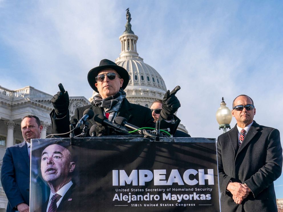 PHOTO: Rep. Andy Biggs speaks about impeaching Homeland Security Secretary Alejandro Mayorkas, accompanied by Rep. Eric Burlison, left, and Rep. Bob Good, during a news conference on Capitol Hill, Feb. 1, 2023, in Washington.