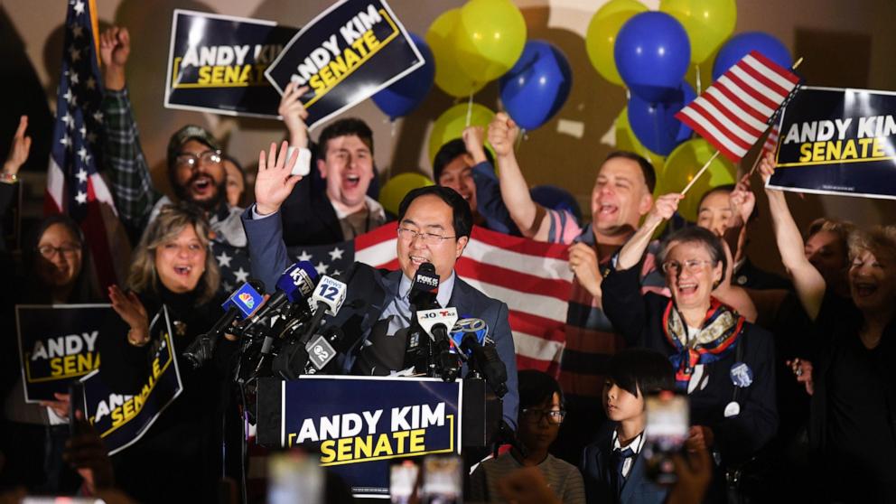 PHOTO: New Jersey Senate candidate Andy Kim delivers his victory speech at the DoubleTree Hotel in Cherry Hill, NJ, Nov. 5, 2024.