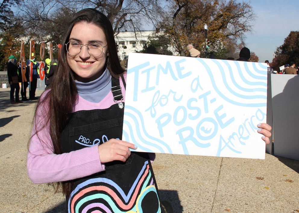 PHOTO: Angelique Clark, 22, of Las Vegas, demonstrates outside of the Supreme Court as it hears oral arguments in the Mississippi abortion rights case Dobbs v. Jackson Women's Health, in Washington, D.C., Dec. 1, 2021.