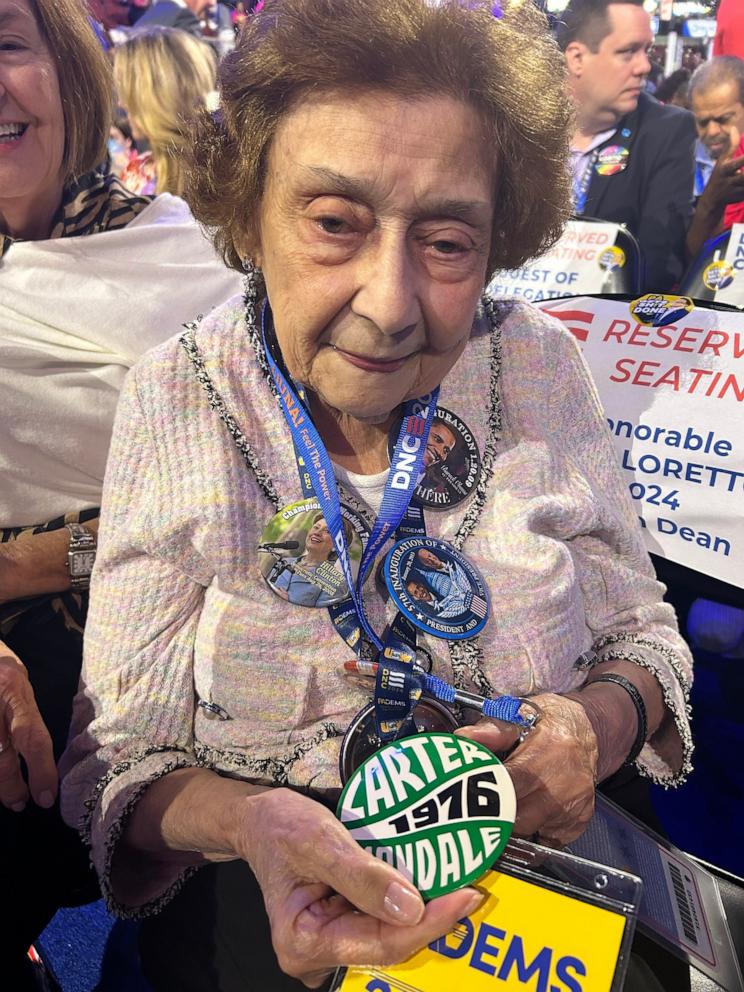 PHOTO: Angie Gialloreto, 95, who has attended every Democratic National Convention since 1976, speaks with ABC News at the United Center.