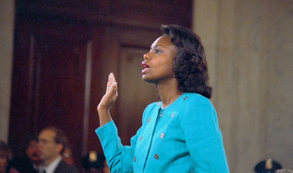 PHOTO: (Professor Anita Hill is sworn-in before testifying at the Senate Judiciary hearing on the Clarence Thomas Supreme Court nomination, Oct. 11, 1991.