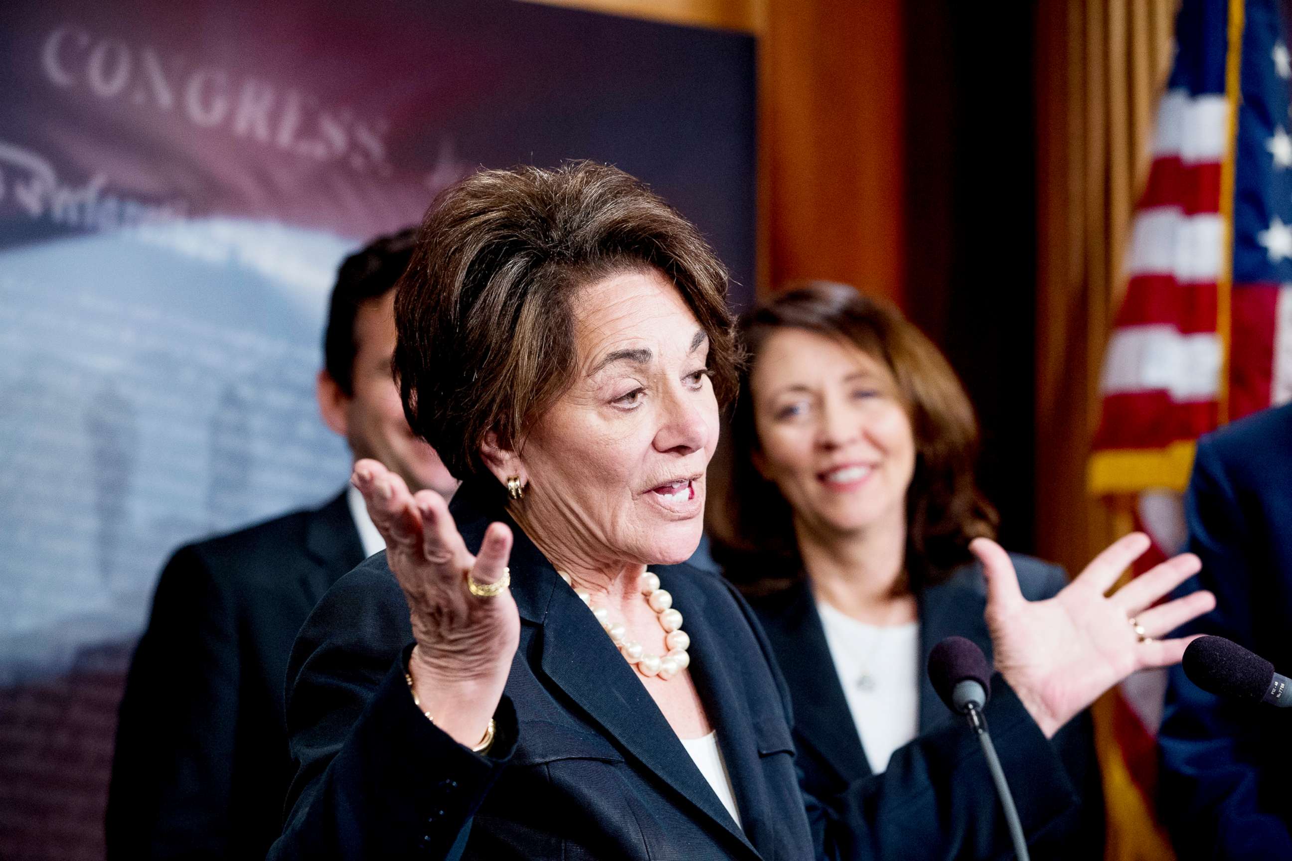 PHOTO: Rep. Anna Eshoo, D-Calif., accompanied by Sen. Maria Cantwell, right, and other Democratic congressmen, speaks at a news conference on Capitol Hill in Washington, May 16, 2018.