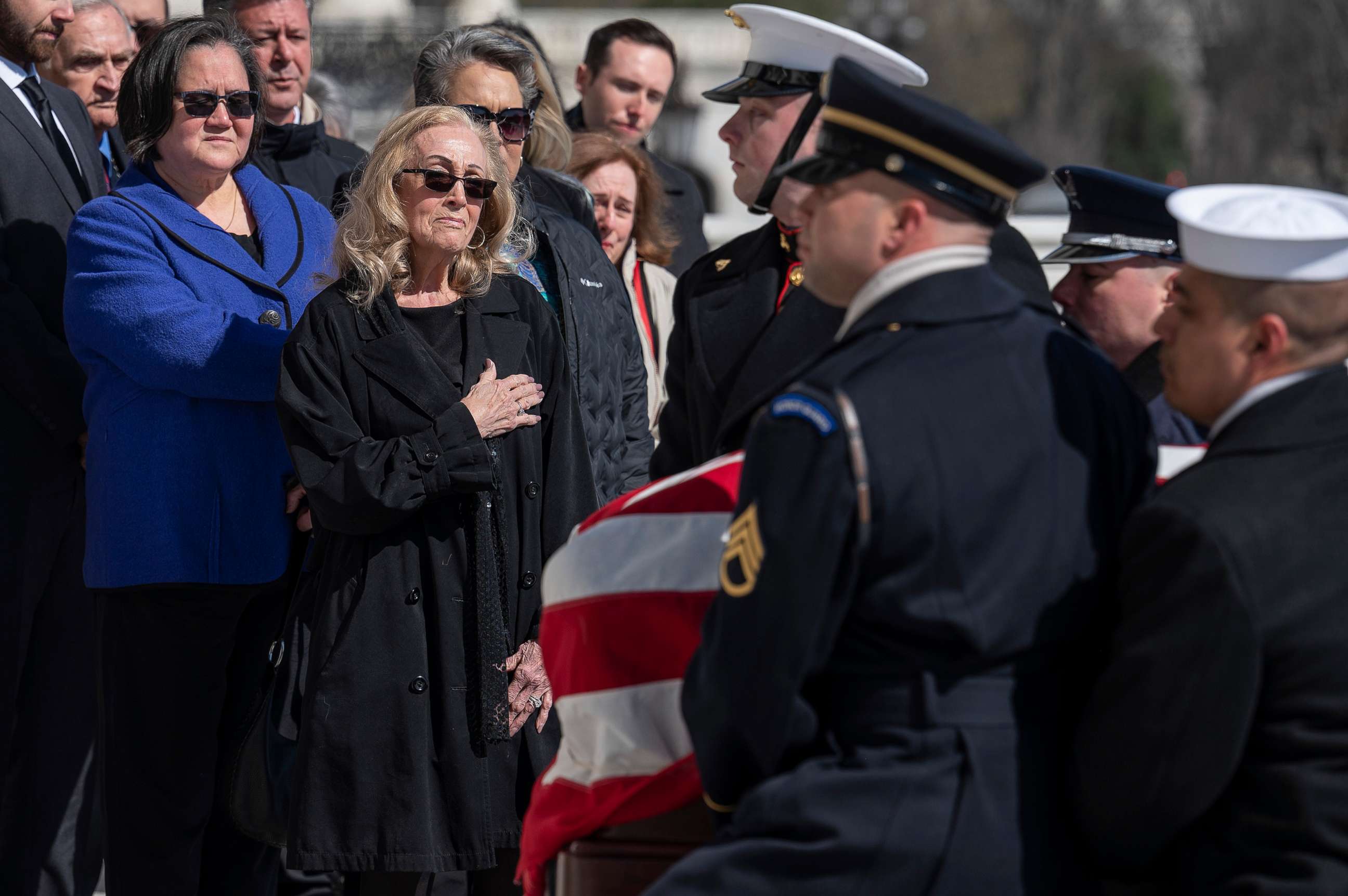 PHOTO: Anne Young covers her heart, as the flag-draped casket of her husband, the late Congressman Don Young, R-Alaska, arrives at the Capitol in Washington, March 29, 2022.