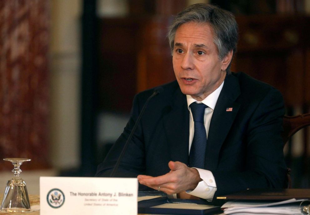 PHOTO: Secretary of State Antony Blinken speaks during a virtual meeting with UN Secretary-General Antonio Guterres from the State Department in Washington, March 29, 2021.