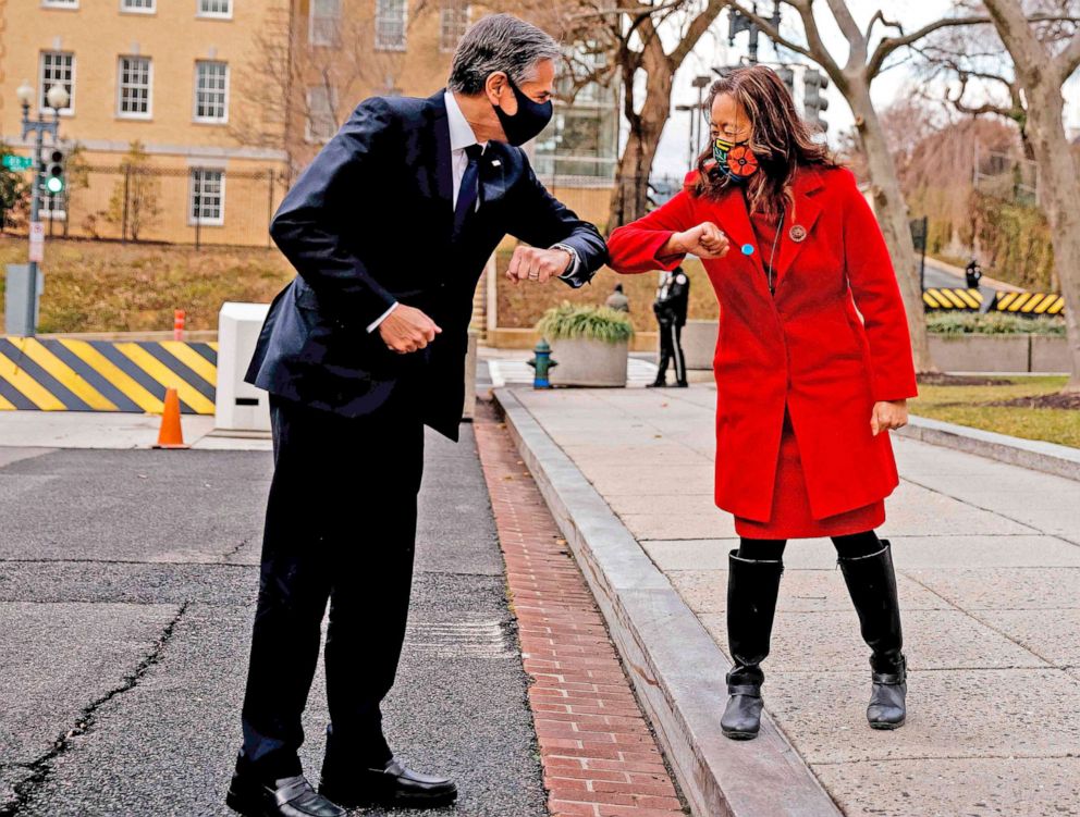 PHOTO: Newly confirmed U.S. Secretary of State Antony Blinken removes his face mask to speak during a welcome ceremony at the State Department in Washington, D.C., Jan. 27, 2021. 