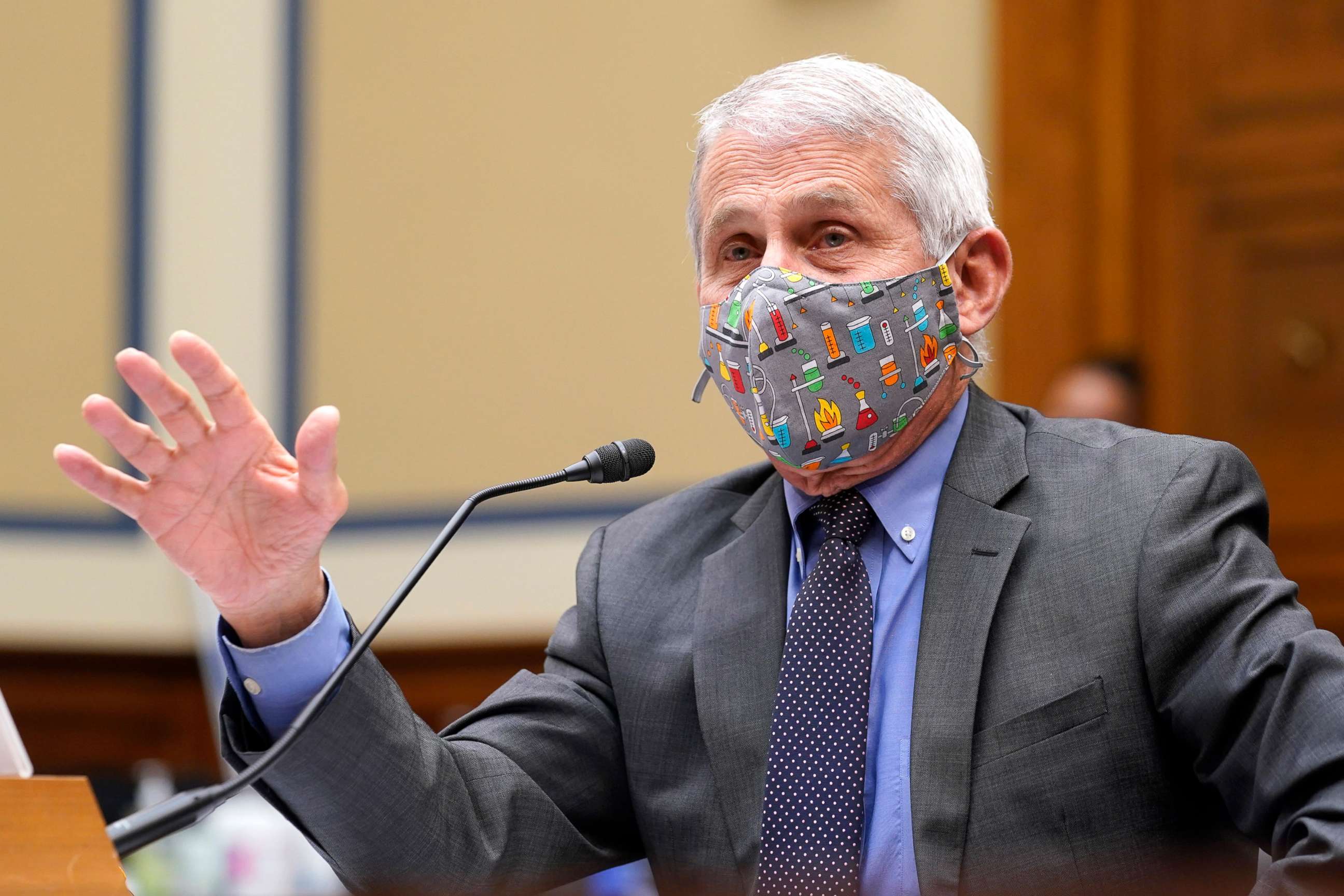 PHOTO: Dr. Anthony Fauci responds to a question during a House Select Subcommittee hearing on April 15, 2021 on Capitol Hill in Washington, D.C. The committee is hearing testimony on the role of the NIAID in research Addressing COVID-19.