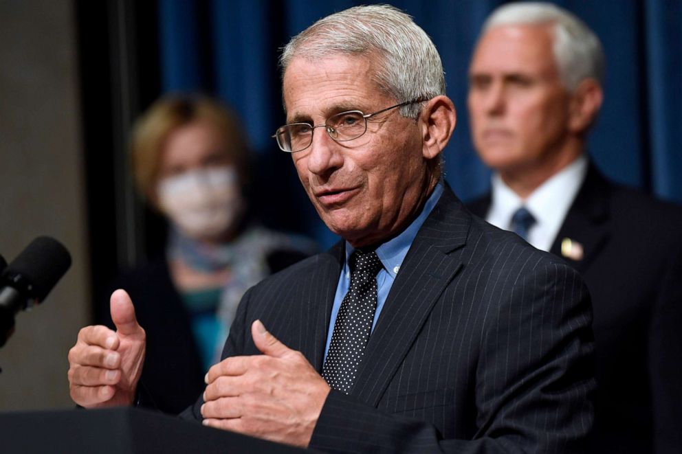 PHOTO: Director of the National Institute of Allergy and Infectious Diseases Dr. Anthony Fauci, center, speaks during a news conference with members of the Coronavirus task force in Washington, June 26, 2020. 