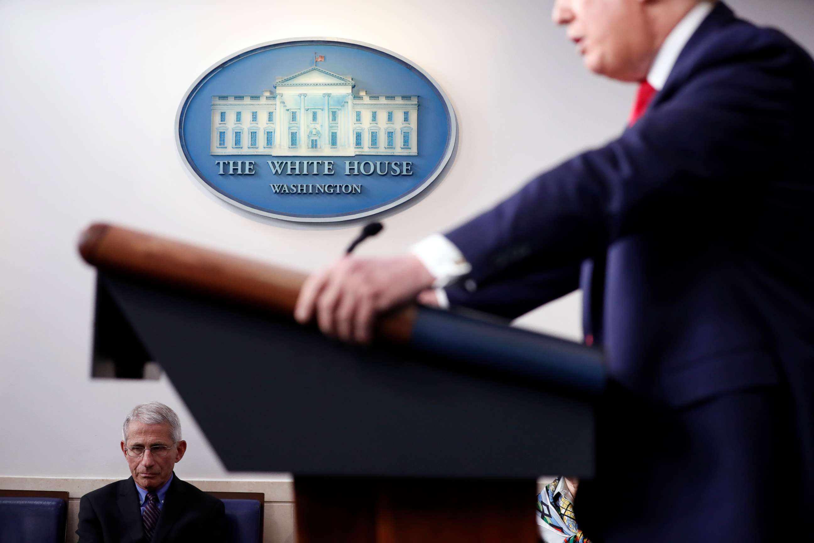 PHOTO: Dr. Anthony Fauci, director of the National Institute of Allergy and Infectious Diseases, listens as President Donald Trump speaks about the coronavirus pandemic at the White House in Washington, D.C, on April 9, 2020.