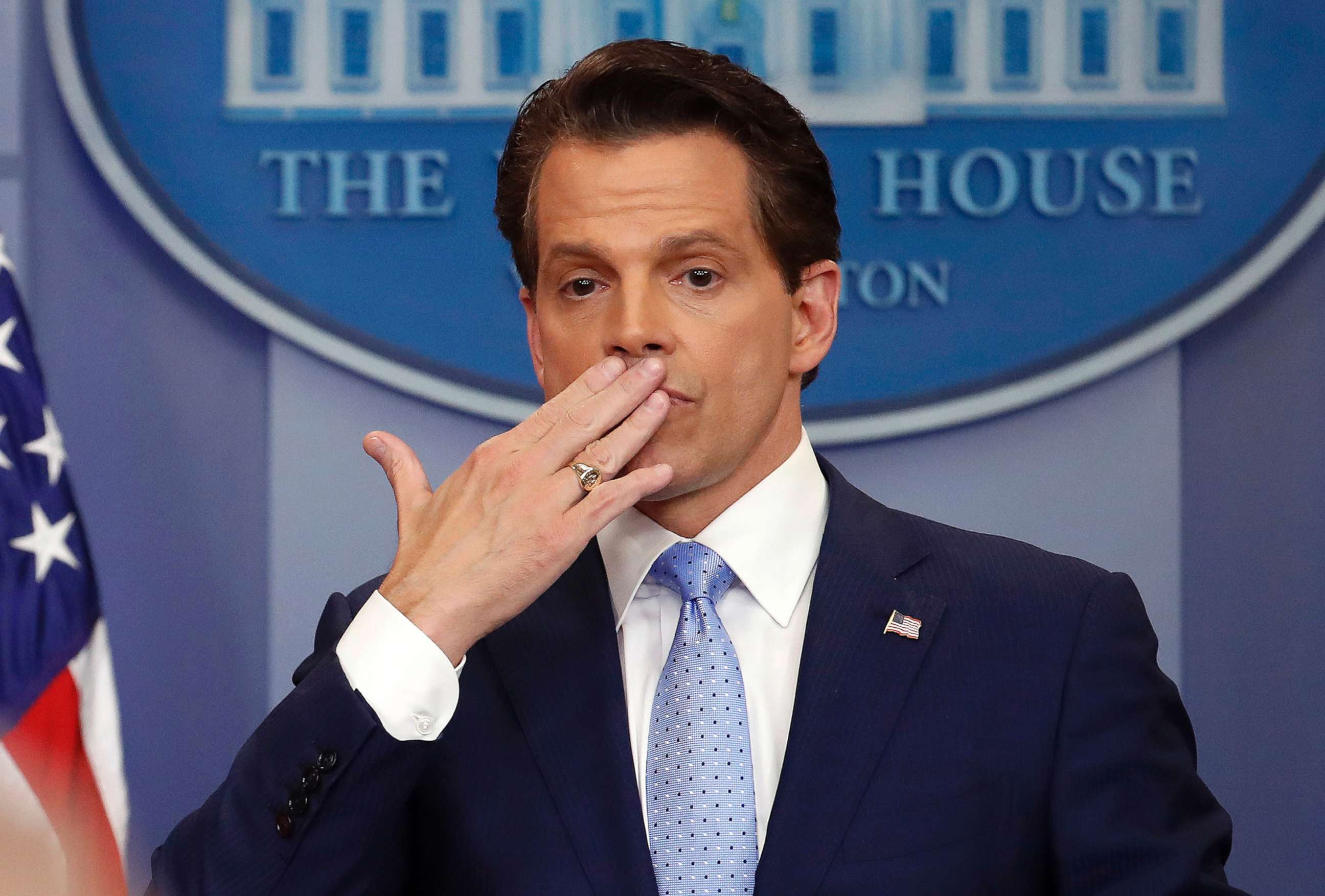 PHOTO: Incoming White House communications director Anthony Scaramucci, right, blowing a kiss after answering questions during the press briefing in the Brady Press Briefing room of the White House in Washington, July 21, 2017.