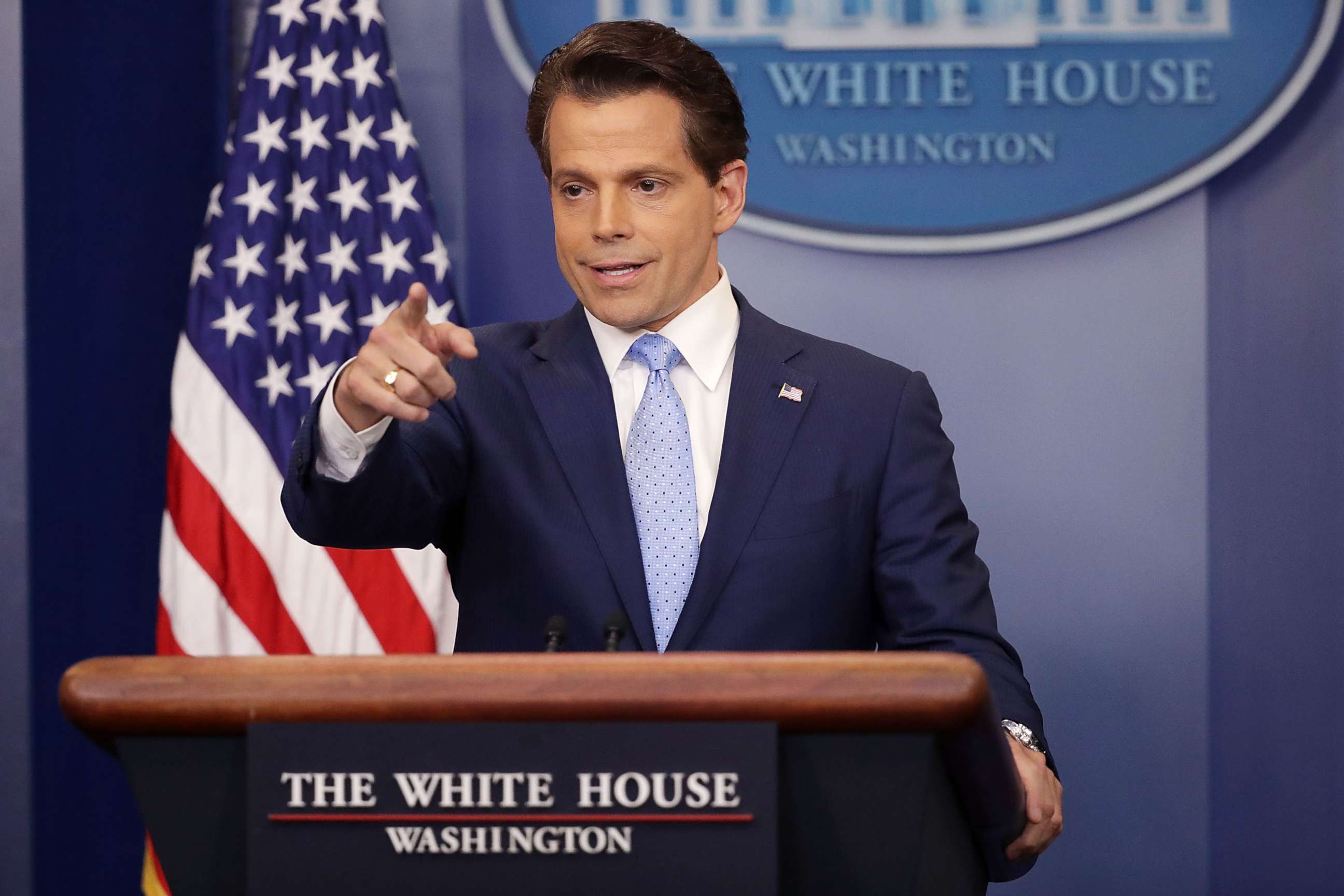 PHOTO: Anthony Scaramucci answers questions during the daily White House press briefing, July 21, 2017 in Washington, D.C.