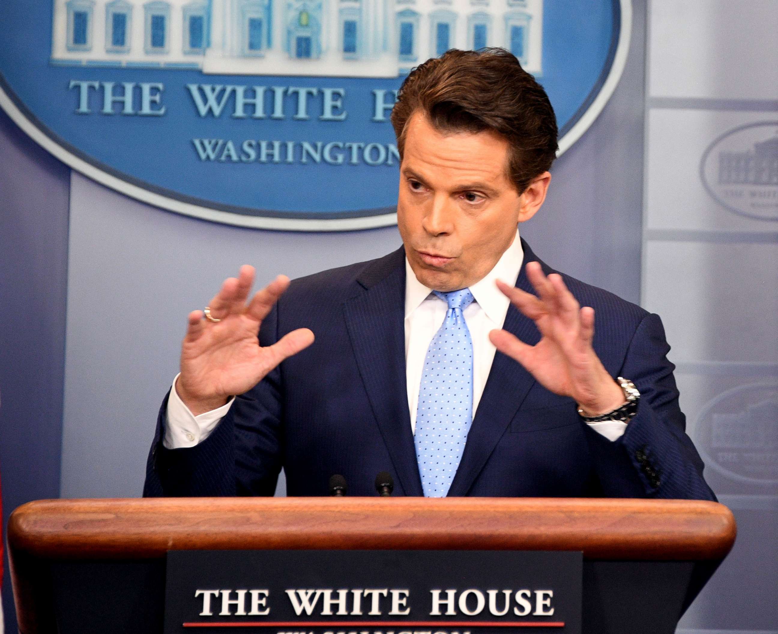 PHOTO: White House communications director Anthony Scaramucci speaks during a press briefing at the White House, July 21, 2017.
