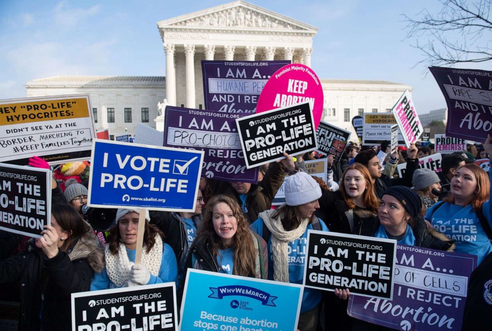 PHOTO: Pro-abortion rights and anti-abortion protesters hold signs in front of the U.S. Supreme Court in Washington, Jan. 18, 2019.