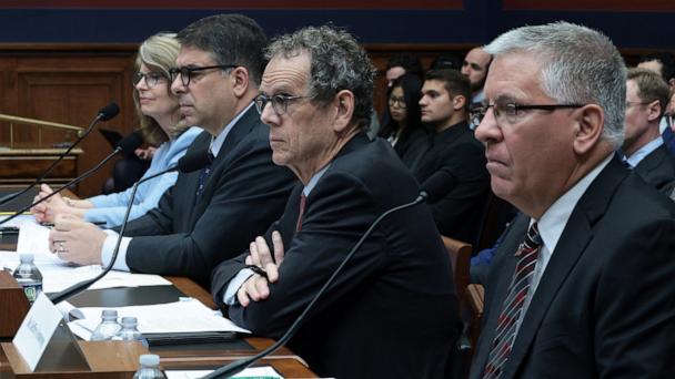President of Haverford College Wendy Raymond, President of DePaul University Robert Manuel, David Cole, a professor at Georgetown Law and former legal director of the ACLU, and President of California Polytechnic State University Jeffrey Armstrong testify during a hearing before the House Education and Workforce Committee at the Rayburn House Office Building, on May 7, 2025, in Washington, DC. 
