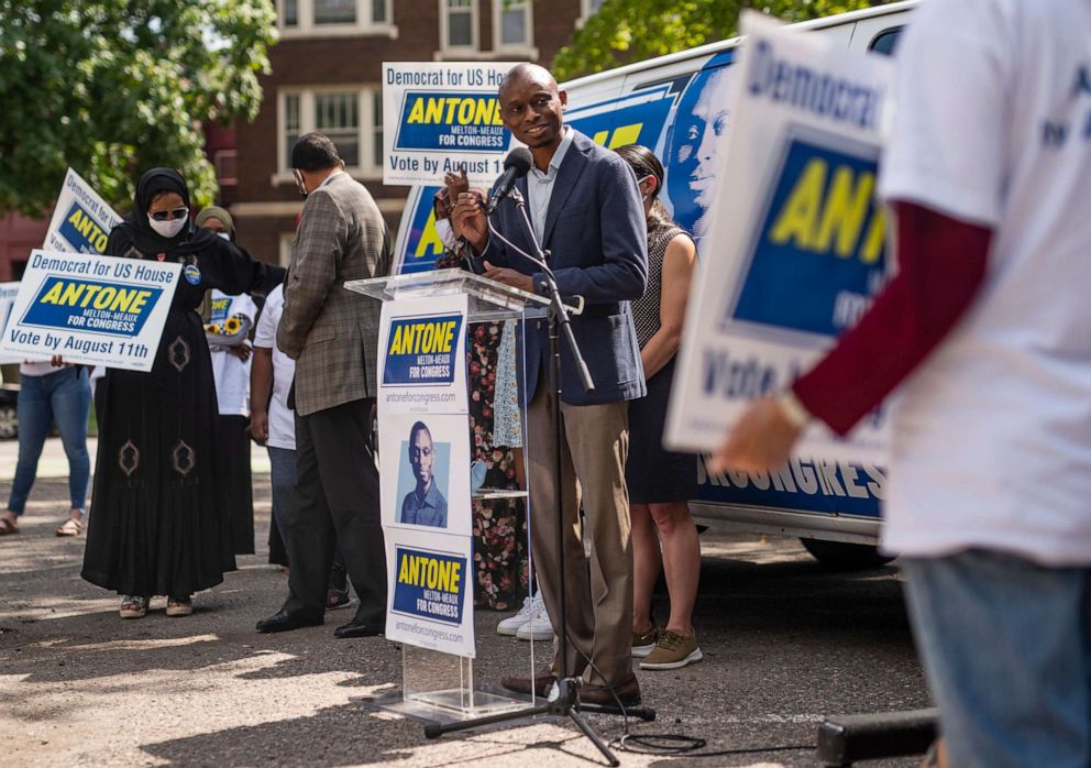 PHOTO: Minnesota Democratic congressional candidate Antone Melton-Meaux speaks at a press conference, Aug. 5, 2020 in Minneapolis.