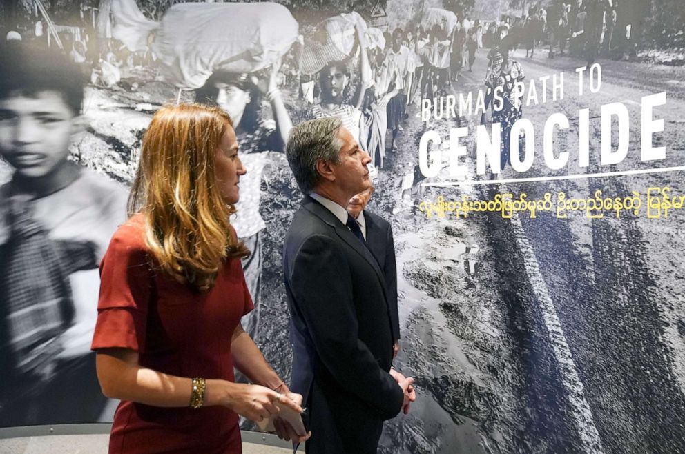 PHOTO: Secretary of State Antony Blinken tours the "Burma's Path To Genocide" exhibit at the United States Holocaust Memorial Museum, March 21, 2022 in Washington.