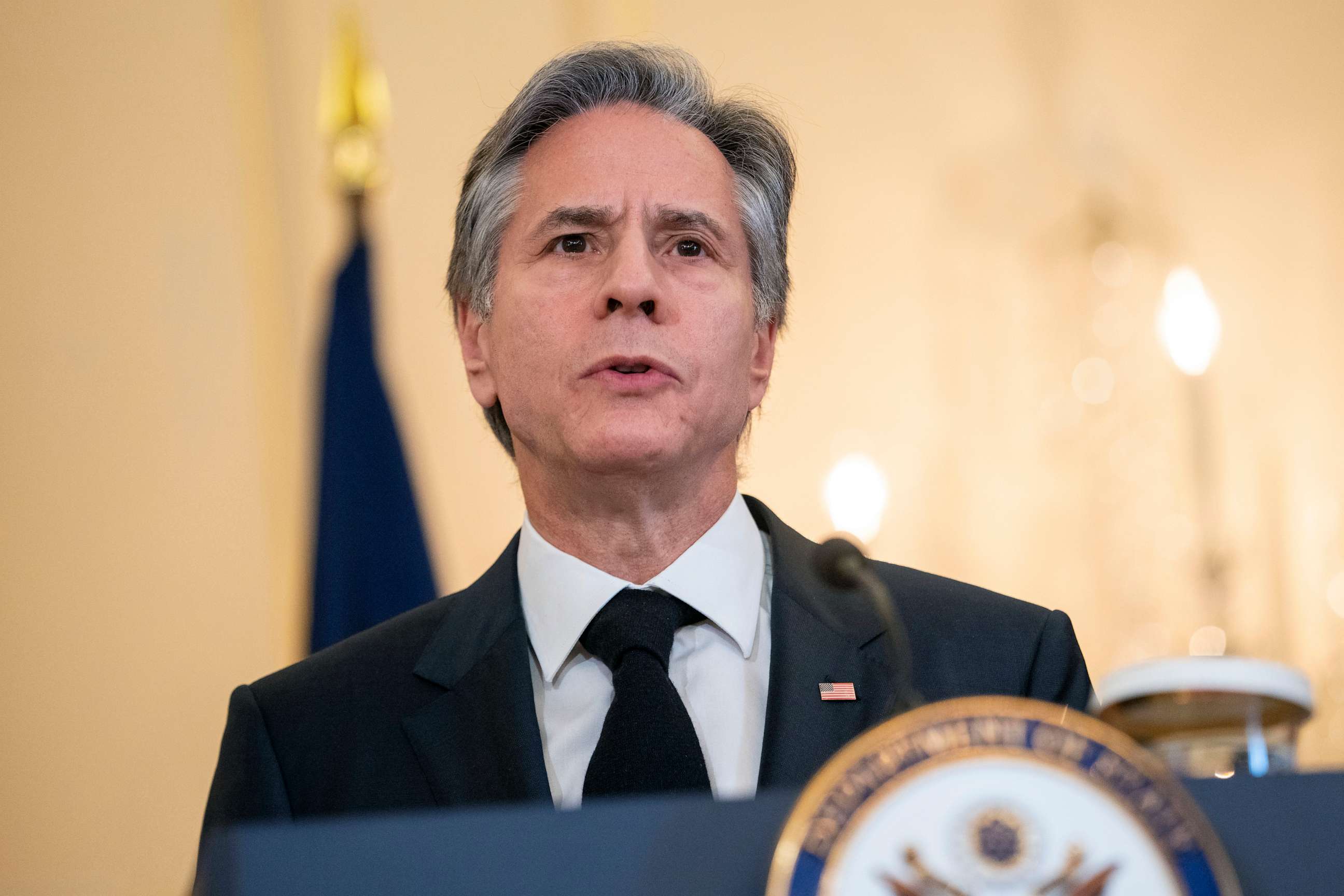 PHOTO: Secretary of State Antony Blinken, speaks about the earthquake in Turkey and Syria, during a news conference with NATO Secretary-General Jens Stoltenberg, Feb. 8, 2023, at the State Department in Washington.