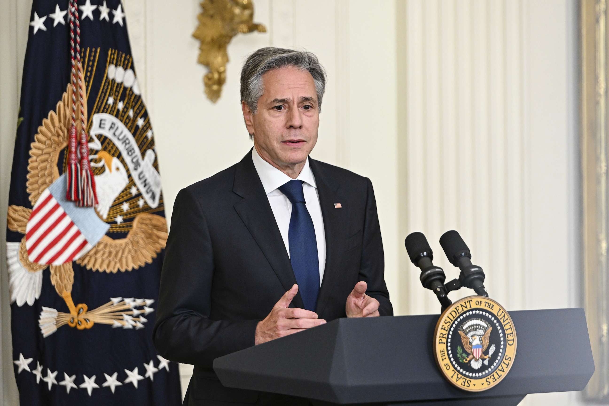 PHOTO: Secretary of State Antony Blinken speaks during the President's Chiefs of Mission Reception at the White House in Washington, June 13, 2023.