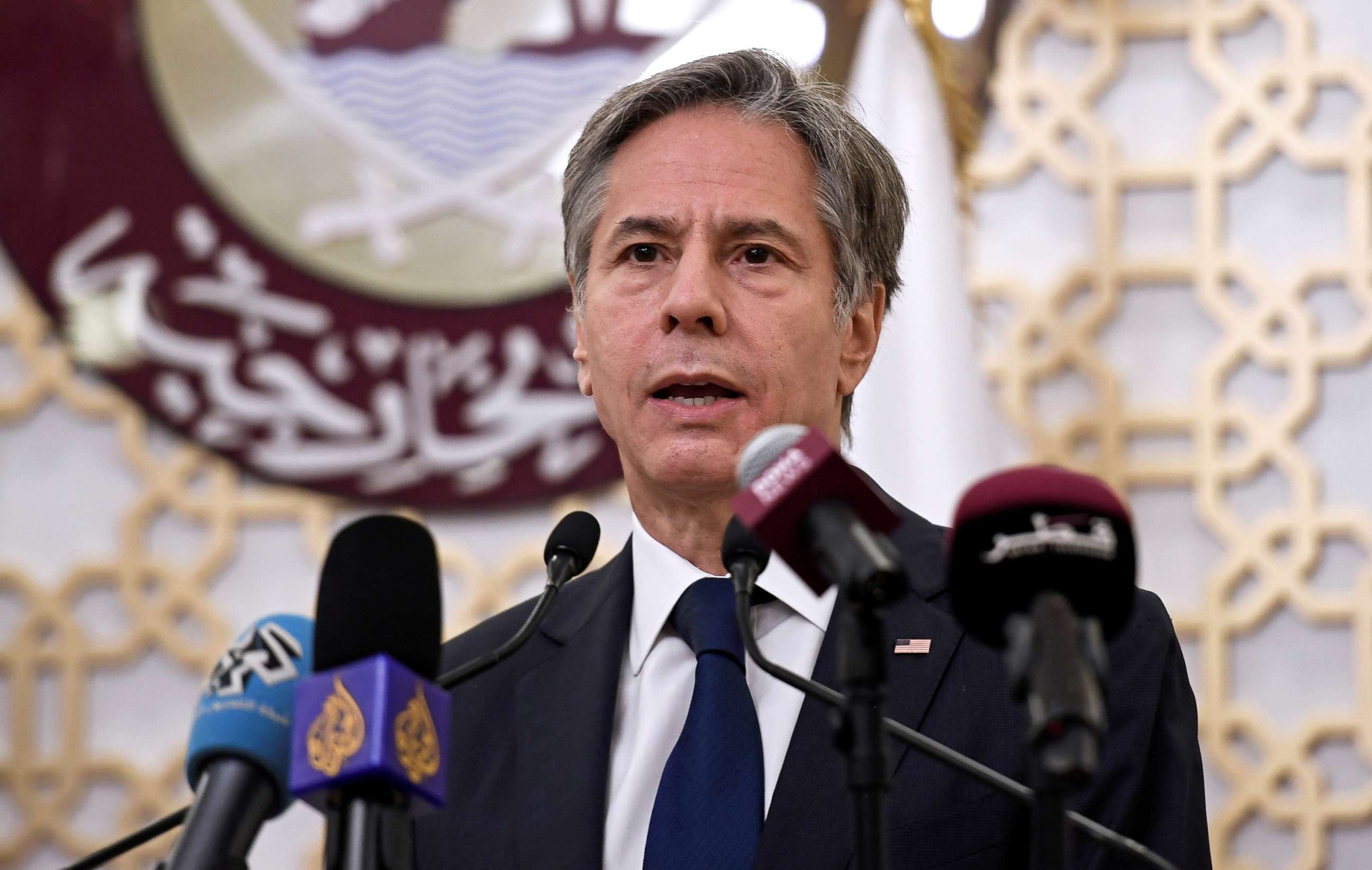 PHOTO: Secretary of State Antony Blinken speaks during a joint news conference at the Ministry of Foreign Affairs in Doha, Qatar, Sept. 7, 2021.