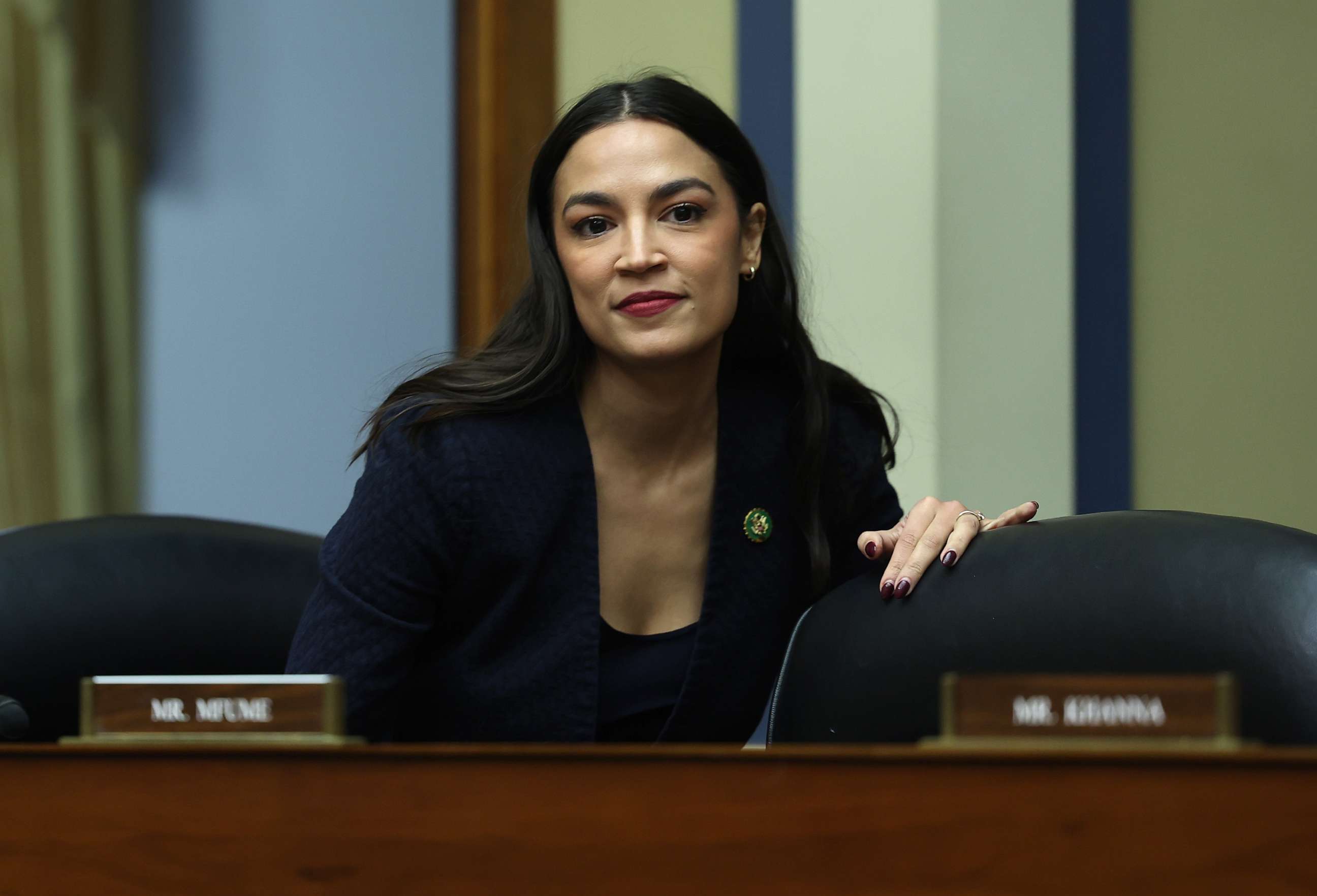 PHOTO: Alexandria Ocasio-Cortez arrives for a meeting of the House Oversight and Reform Committee in the Rayburn House Office Building, Jan. 31, 2023, in Washington.