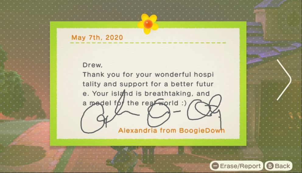 PHOTO: Rep. Alexandria Ocasio-Cortez left a message on a fan's virtual bulletin board in 'Animal Crossing: New Horizons.'