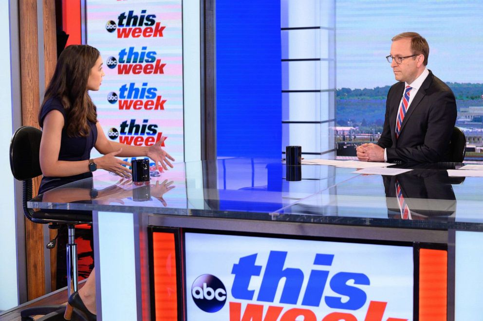 PHOTO: Chief White House Correspondent Jonathan Karl speaks exclusively with Rep. Alexandria Ocasio-Cortez, D-N.Y., in her first Sunday morning interview since taking office on "This Week with George Stephanopoulos," June 16, 2019 on ABC.
