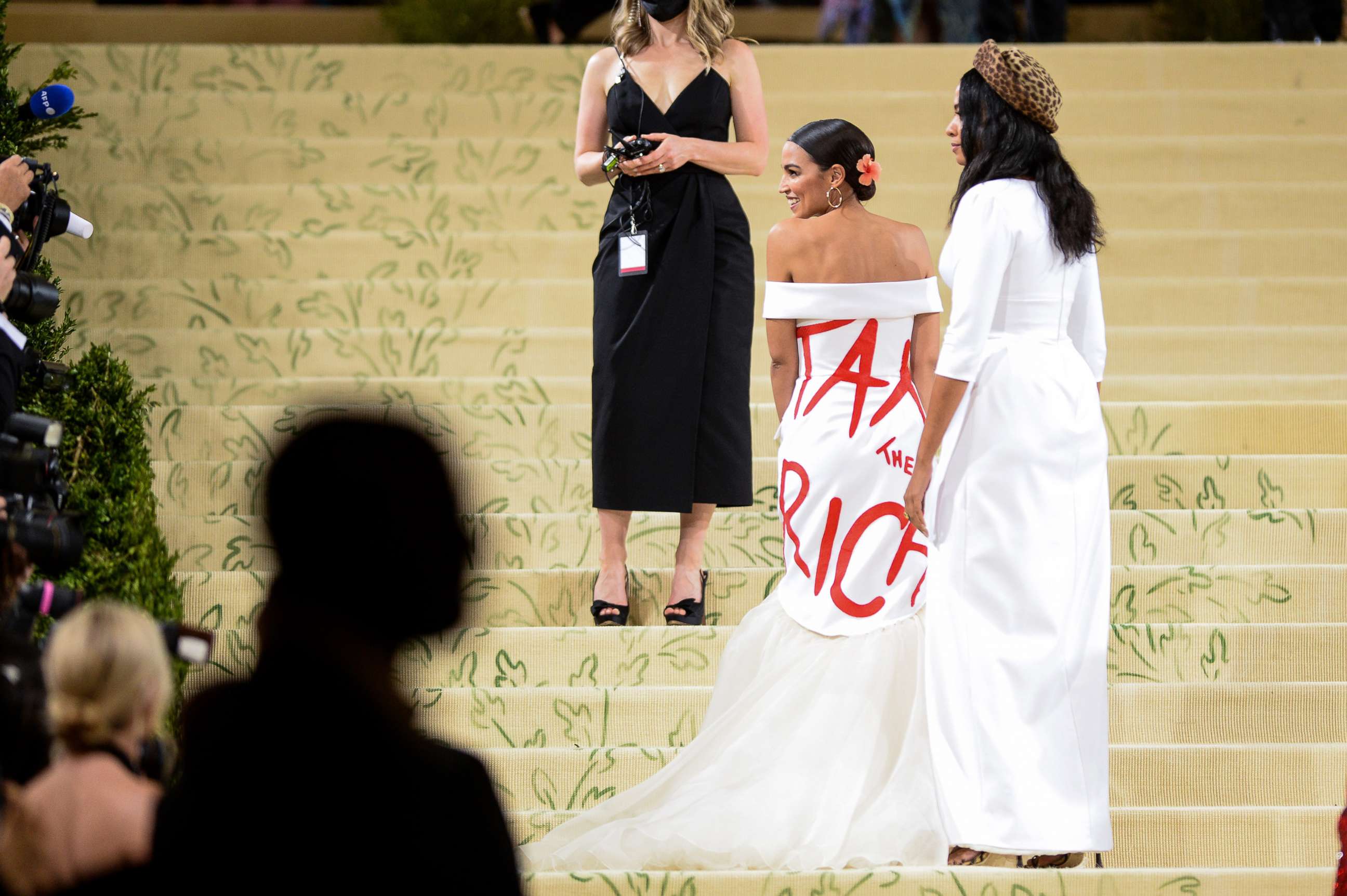 PHOTO: Congresswoman Alexandria Ocasio-Cortez ad designer Aurora James attend The 2021 Met Gala Celebrating In America: A Lexicon Of Fashion at Metropolitan Museum of Art on Sept. 13, 2021 in New York City. 