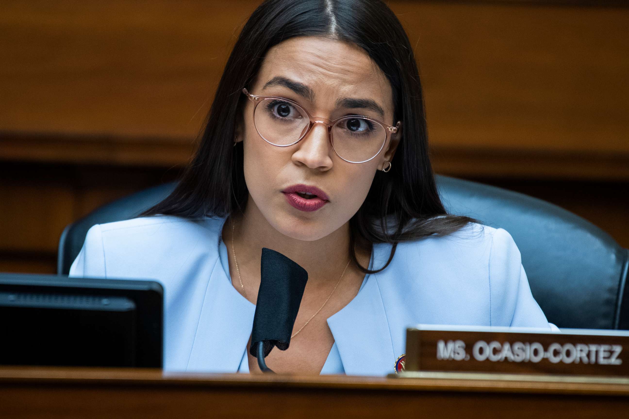 PHOTO: U.S. Rep. Alexandria Ocasio-Cortez, D-N.Y., questions Postmaster General Louis DeJoy during a House Committee on Oversight and Reform hearing on the Postal Service on Capitol Hill in Washington, D.C., on Aug. 24, 2020.