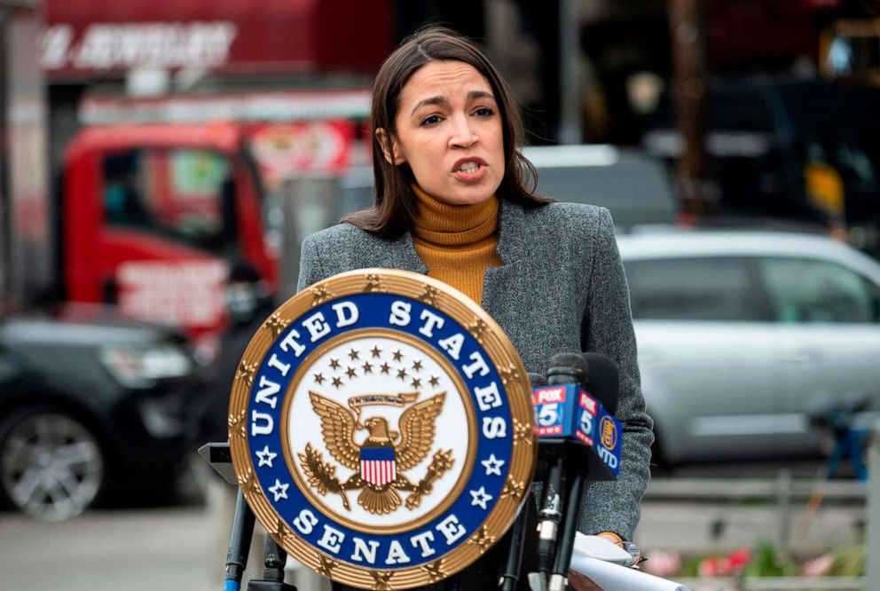 PHOTO: Rep. Alexandria Ocasio-Cortez speaks during a press conference, April 14, 2020 in New York.