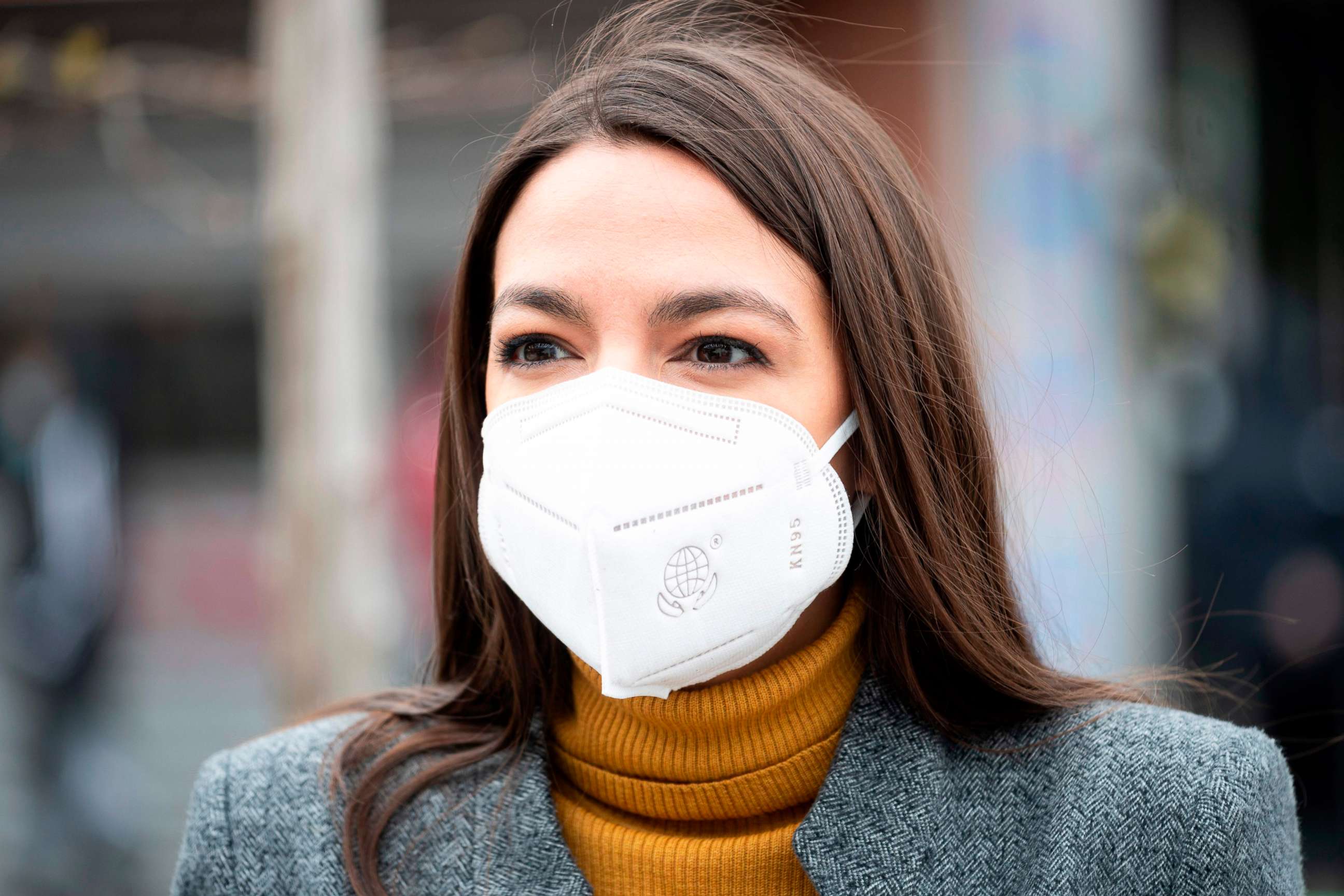PHOTO: Rep. Alexandria Ocasio-Cortez wears a face mask for protection against the coronavirus, during a press conference on April 14, 2020 in New York.