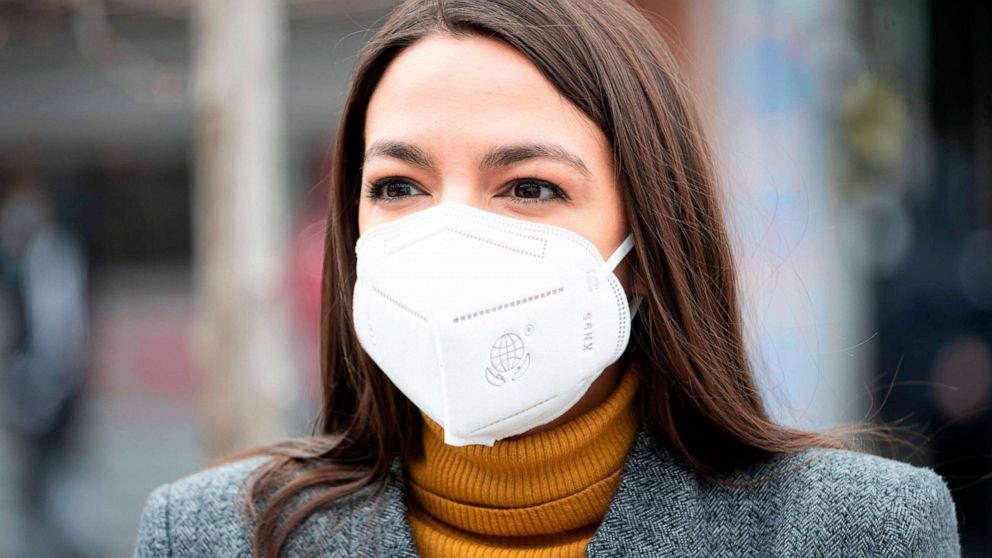 PHOTO: Rep. Alexandria Ocasio-Cortez wears a face mask for protection against the coronavirus, during a press conference on April 14, 2020 in New York.