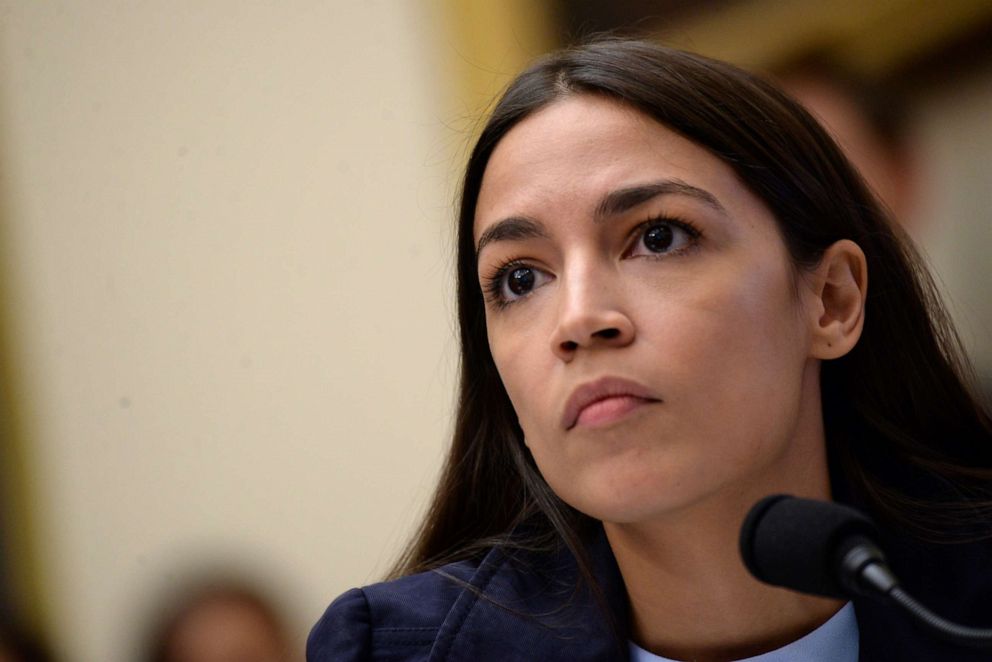 PHOTO: Representative Alexandria Ocasio-Cortez (D-NY) questions Federal Reserve Chairman Jerome Powell during a House Financial Services Committee hearing on "Monetary Policy and the State of the Economy" in Washington, D.C. July 10, 2019. 