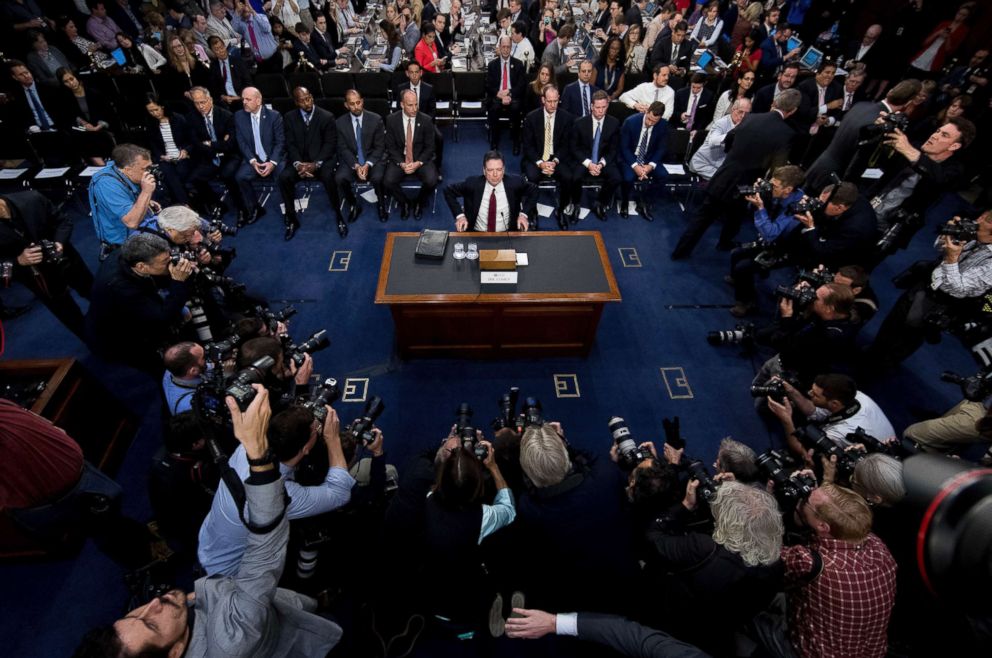 PHOTO: Former FBI Director James Comey takes his seat to testify at a Senate Intelligence Committee hearing on Capitol Hill, June 8, 2017, in Washington, D.C. 